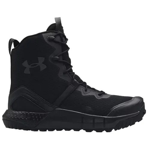 Black high-top tactical boot with a textured surface and prominent Under Armour logo on the side.