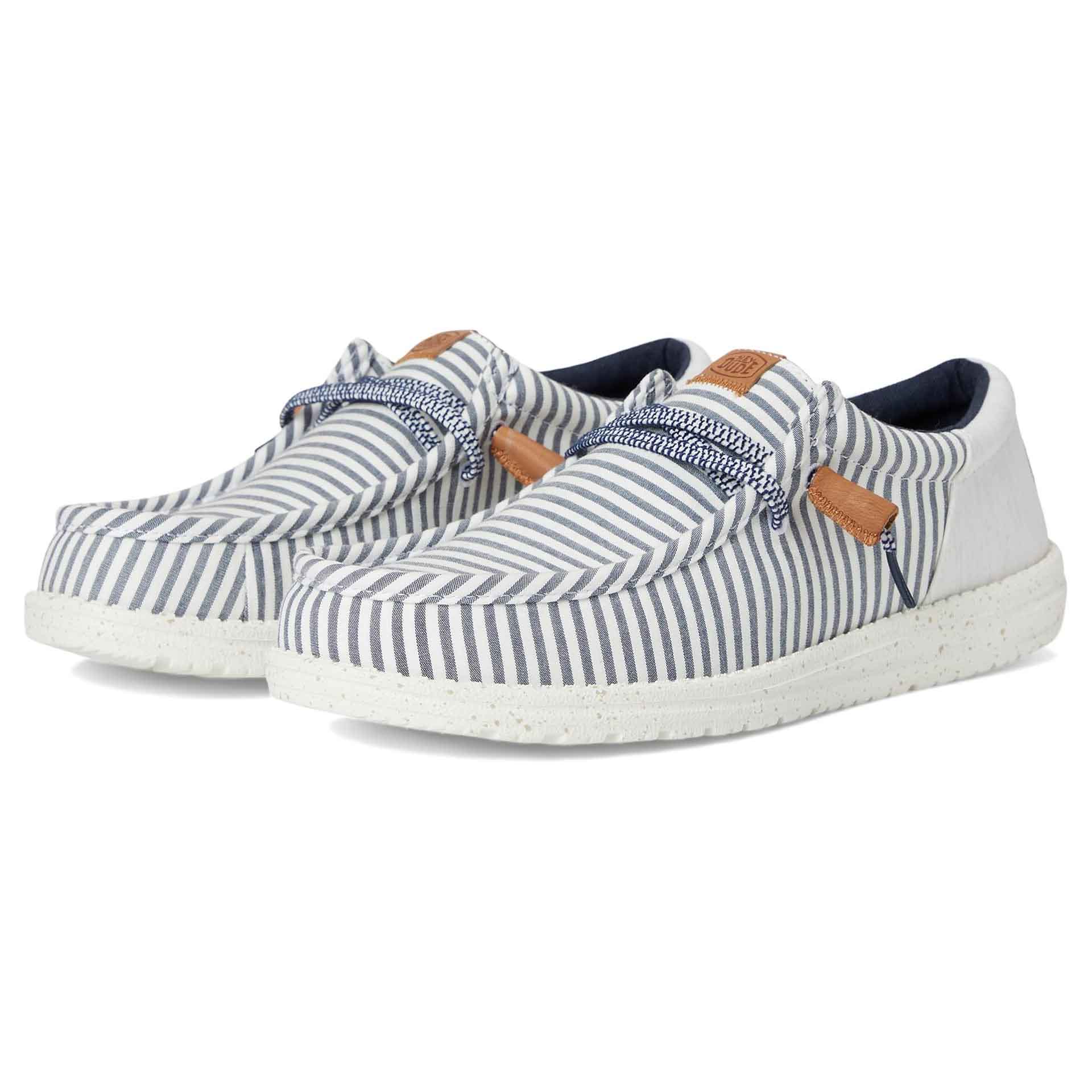 Hey Dude Wally Funk Nu Prep Shoes feature blue and white stripes, a moccasin-style design, white speckled soles, and leather accents on the sides.