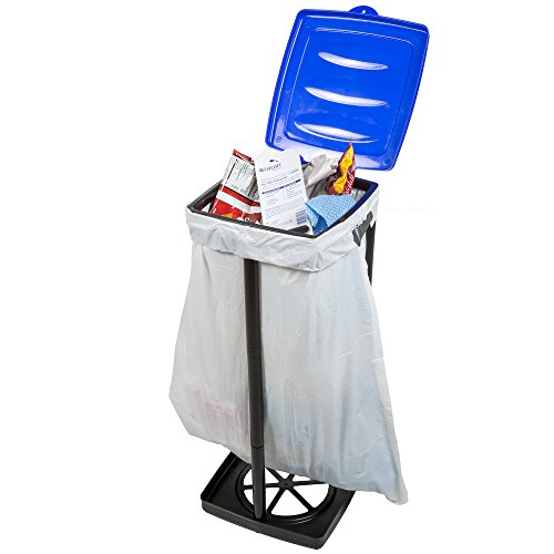 A portable trash bag holder with a blue lid, featuring a metal frame and a plastic base, holds a white trash bag containing various waste items.
