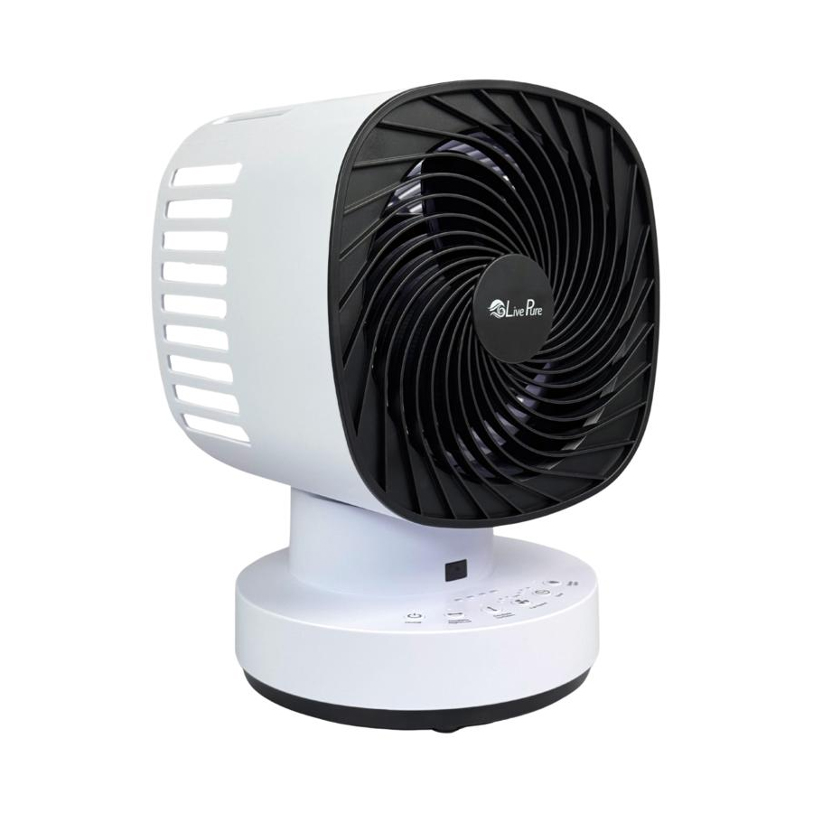 A white and black cordless oscillating desk fan with a compact design, featuring a circular front grill and side vent slats. It has a control panel at the base for adjustable settings.