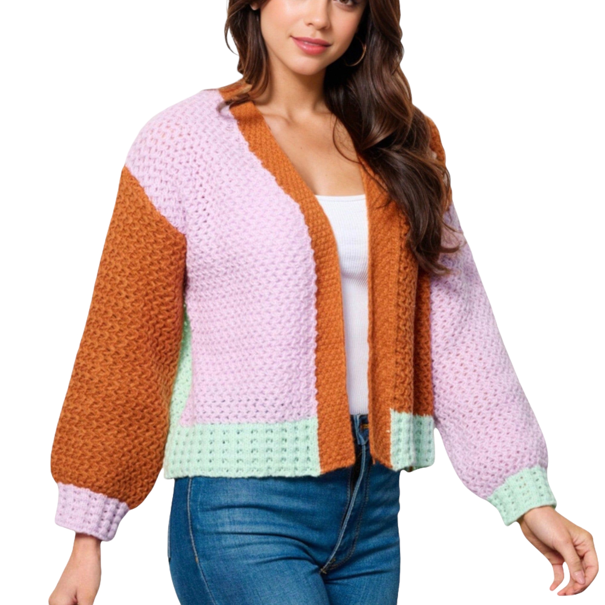 A knit colorblock cardigan featuring a mix of orange, pink, and mint green hues with a textured pattern. It has a relaxed fit, long sleeves, and an open front.