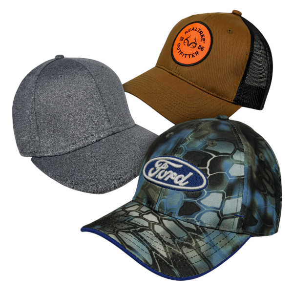 A 3-pack of baseball caps includes a gray heathered cap, a brown cap with a black mesh back and orange patch, and a cap with a blue and black camouflage pattern featuring a \“Ford\“ logo.