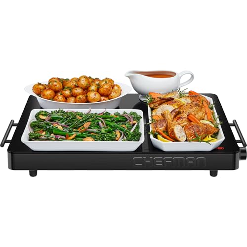 Electric warming tray with three dishes: roasted potatoes, greens with vegetables, and roasted poultry with gravy. Brand: Chefman.