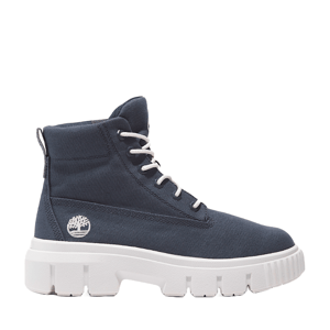 Timberland Greyfield Lace-Up Boots feature a navy canvas upper, white laces, and a chunky white rubber sole, with the Timberland logo on the side.