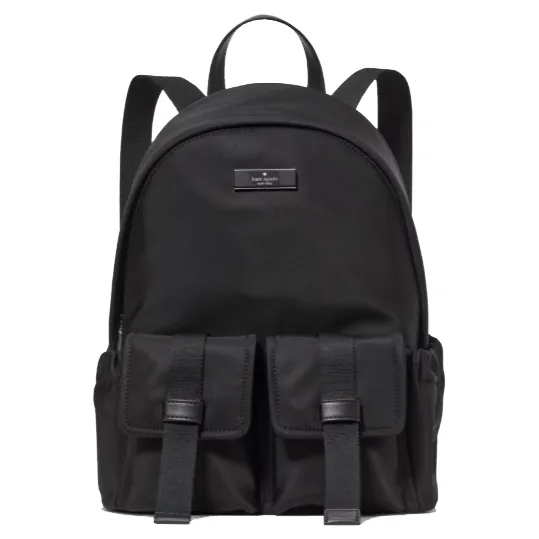 A black backpack featuring a sleek design with two front buckle pockets and side compartments. The top has a handle and adjustable shoulder straps, with a small logo plate near the top.