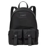 A black backpack featuring a sleek design with two front buckle pockets and side compartments. The top has a handle and adjustable shoulder straps, with a small logo plate near the top.