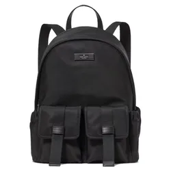 A black backpack featuring a sleek design with two front buckle pockets and side compartments. The top has a handle and adjustable shoulder straps, with a small logo plate near the top.