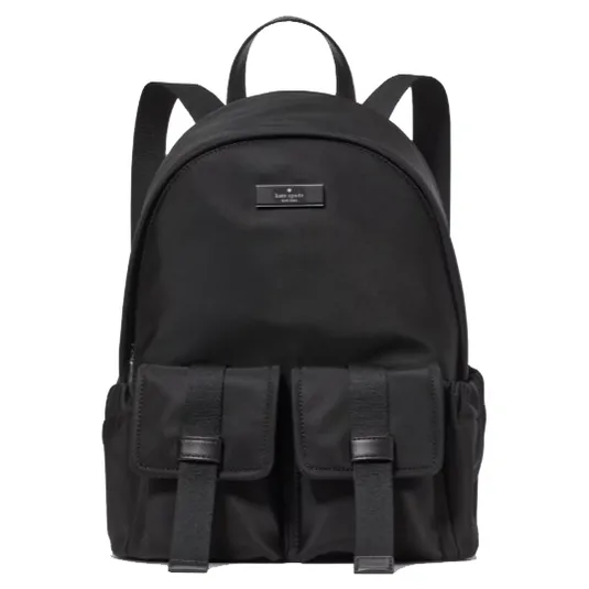 A black backpack featuring a sleek design with two front buckle pockets and side compartments. The top has a handle and adjustable shoulder straps, with a small logo plate near the top.