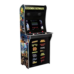 An arcade machine titled \“Legends Ultimate\“ featuring games like Asteroids, Bubble Bobble, Centipede, Crystal Castles, Pong, Space Invaders, and more, with colorful side art displaying various classic video game characters.
