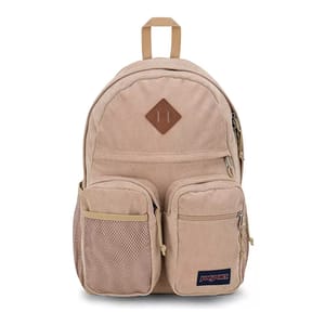 The JanSport Granby Remix Backpack is a tan corduroy bag featuring multiple compartments, including two front pockets with zippers, a side mesh pocket, and a top handle. It has a simple, functional design with a leather patch detail.