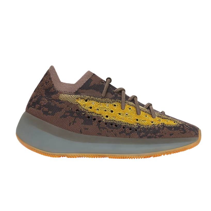 Adidas Yeezy 380 sneakers with a brown and yellow knit upper featuring a camo-like pattern, gray cushioned midsole, and a gum rubber outsole. They have a sleek, low-profile silhouette with a lacing system for a secure fit.