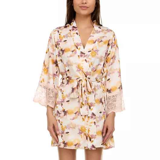Floral satin robe with a watercolor pattern featuring pink and gold hues and a belted waist. The robe has lace-trimmed sleeves for added elegance.