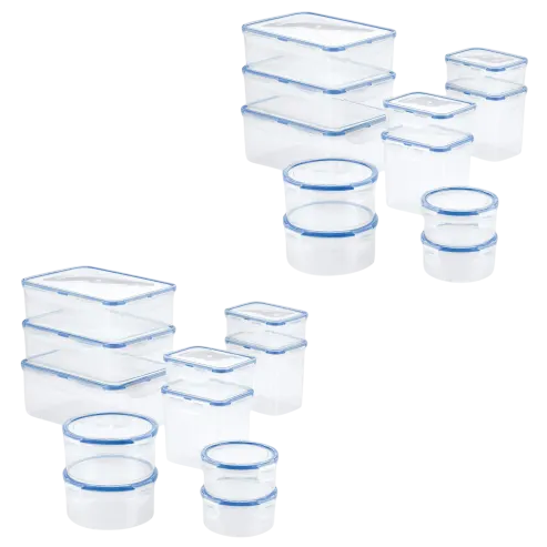 A collection of clear plastic food storage containers with airtight blue lids, available in various sizes and shapes, including rectangular and circular options.