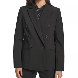 A black Calvin Klein blazer featuring double-breasted button closure, a notched lapel, and front flap pockets.