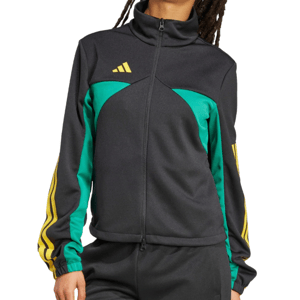 A black and green athletic jacket with yellow stripes on the sleeves and a yellow logo on the chest, featuring a zip-up front and a high collar.