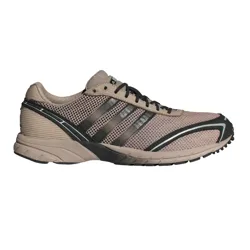 A beige athletic shoe featuring a mesh upper with black and gray accents, including three stripes on the side. It has a black lace-up design and a cushioned sole for comfort.