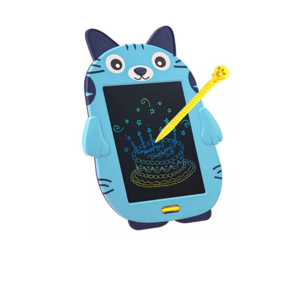 A blue, cat-shaped LCD drawing tablet with a stylus, featuring a colorful \“Happy Birthday\“ cake design on the screen.