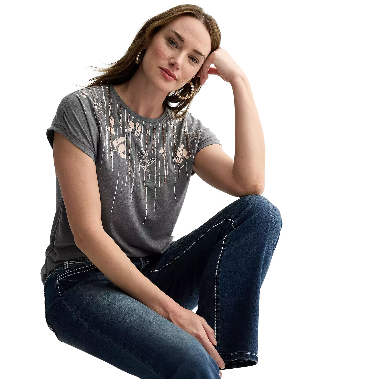 Apt. 9 Embellished Tops feature a short-sleeve design with floral and striped embellishments on the front, paired with a comfortable fit and a round neckline.