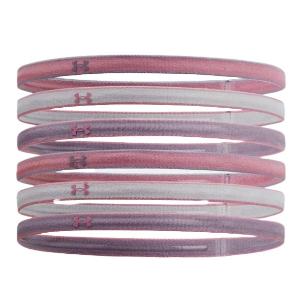Set of six pink and white Under Armour elastic headbands with logos.