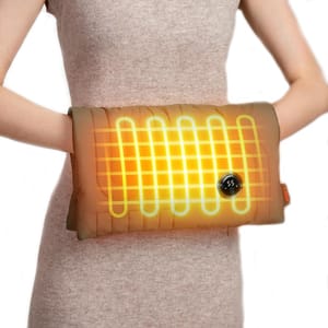 A rechargeable heated hand pouch featuring a visible heating element pattern and a digital display showing the temperature set to 55 degrees, wrapped around a person's waist.