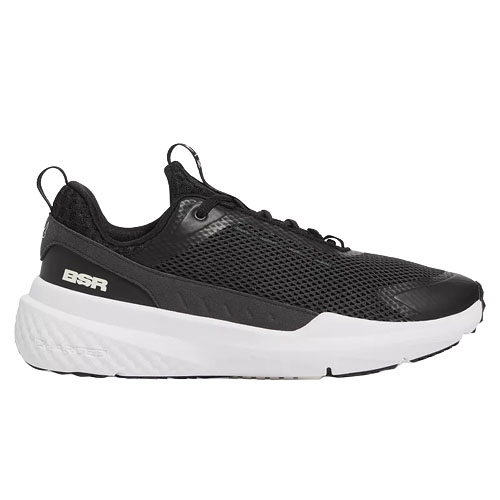 Black and white athletic shoe with mesh upper, cushioned sole, and \“BSR\“ branding on the side.