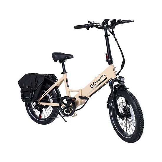 A beige Go Power 500W folding e-bike is shown with a step-through frame, front suspension, a mounted black bag over the rear wheel, and thick tires. The handlebars are equipped with a digital display and controls.