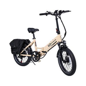 A beige Go Power 500W folding e-bike is shown with a step-through frame, front suspension, a mounted black bag over the rear wheel, and thick tires. The handlebars are equipped with a digital display and controls.