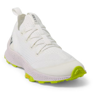 White and lime green running shoe with breathable mesh upper and a pull loop on the heel.