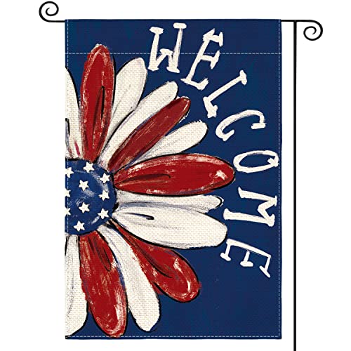 Garden flag featuring a red, white, and blue flower with stars, and the word \“Welcome\“ on a blue background.
