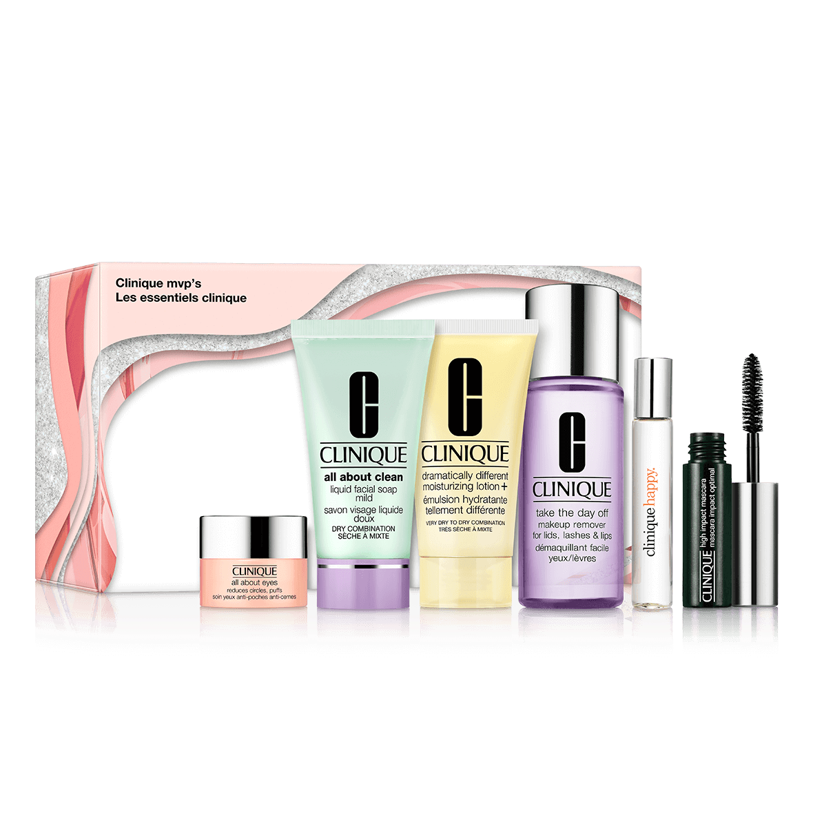 A collection of Clinique skincare and makeup items, including facial cleanser, lotion, eye cream, makeup remover, and mascara.