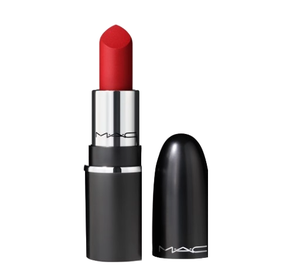 A MAC lipstick in a bold red shade with a black and silver casing, shown with the cap removed.
