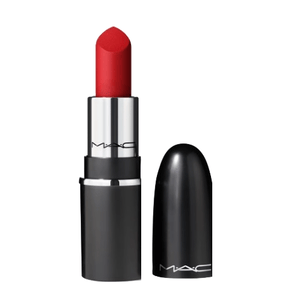 A MAC lipstick in a bold red shade with a black and silver casing, shown with the cap removed.