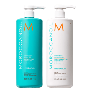 Two bottles of Moroccanoil hair products: a turquoise bottle of Hydrating Shampoo and a white bottle of Hydrating Conditioner, both 33.8 FL.OZ/1L, suitable for all hair types and free from sulfates, phosphates, and parabens.