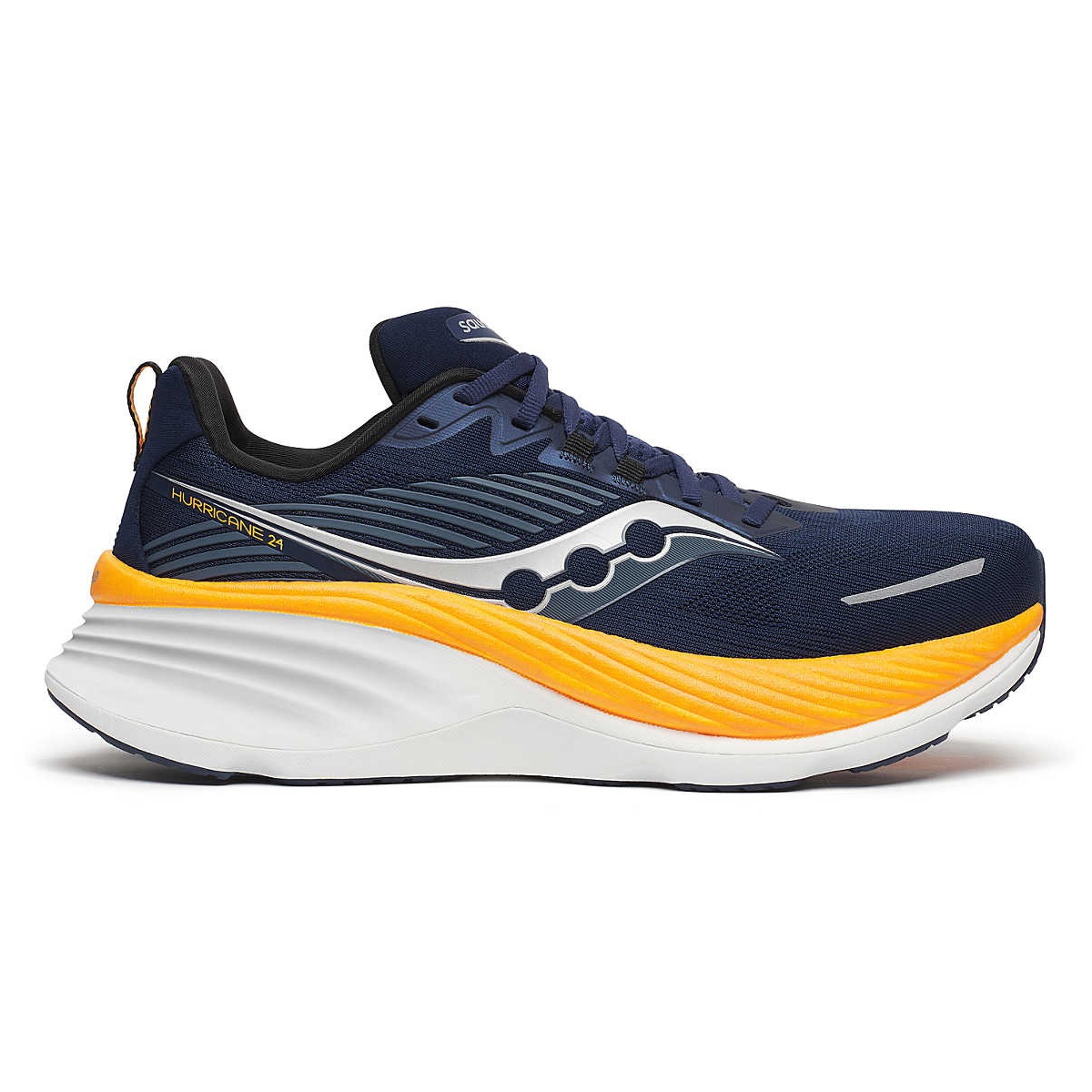 A Saucony Hurricane 24 running shoe in navy blue with white and orange accents; features a thick, cushioned sole for enhanced comfort and stability.