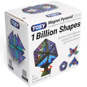 TOSY Magnet Pyramid Stone is a magnetic shape-shifting cube that creates 1 billion shapes, featuring 243 rare earth magnets, holographic stickers, and a spinner accessory, suitable for ages 6 and up.