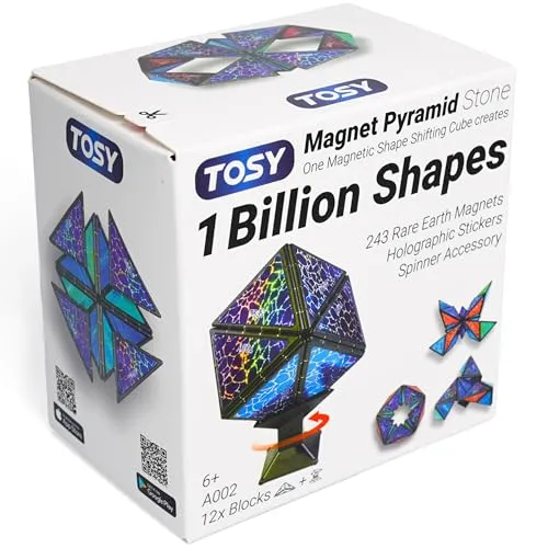 TOSY Magnet Pyramid Stone is a magnetic shape-shifting cube that creates 1 billion shapes, featuring 243 rare earth magnets, holographic stickers, and a spinner accessory, suitable for ages 6 and up.