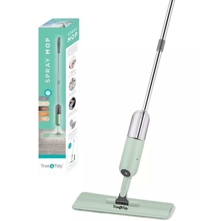 True & Tidy spray mop with a light green body and a detachable microfiber pad, shown next to its packaging.