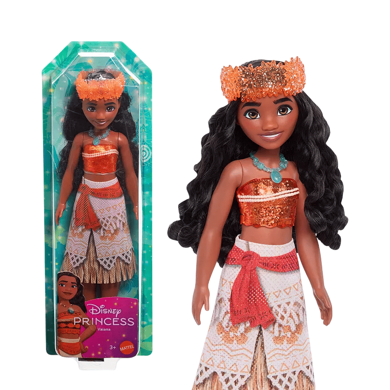 Disney Princess Moana doll in a colorful outfit with a floral headpiece and necklace, packaged in a branded box.