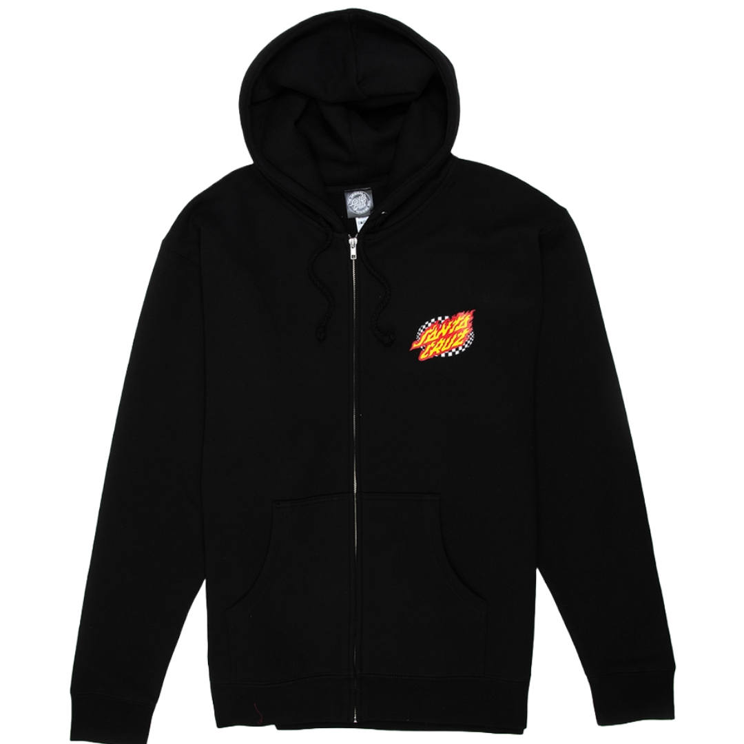 Black zip-up hoodie with a drawstring hood, featuring the Santa Cruz logo in a flame design on the chest.