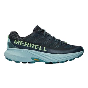 Merrell Agility 5 Shoes are trail running shoes featuring a dark upper with blue accents, large \“MERRELL\“ branding on the side, a rugged Vibram outsole for traction, and a cushioned midsole for comfort.