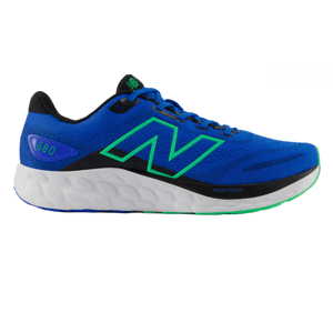Blue New Balance running shoe with green accents, featuring a Fresh Foam midsole for cushioning, a large \“N\“ logo, and \“680\“ on the heel. Black and white sole with green details.