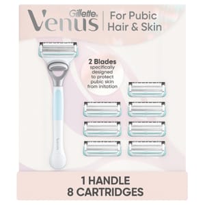 Gillette Venus razor set for pubic hair and skin care, includes 1 handle and 8 cartridges, each with 2 blades designed to protect skin from irritation.