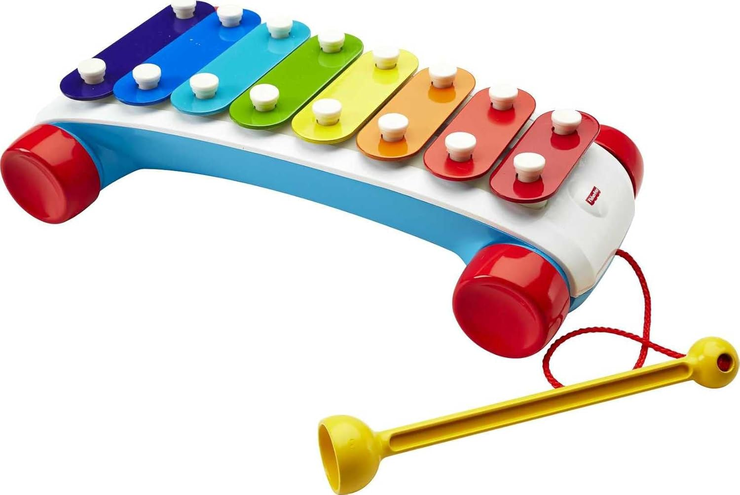 A colorful children's xylophone with a curved design, featuring eight rainbow-colored keys, a yellow mallet, red wheels, and a pull string.