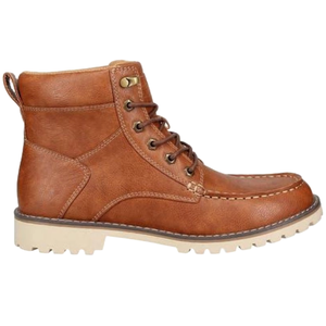 Eddie Bauer Men's Albion Boots are brown leather boots with a moc toe design, lace-up closure, and rugged cream-colored rubber soles for enhanced traction.