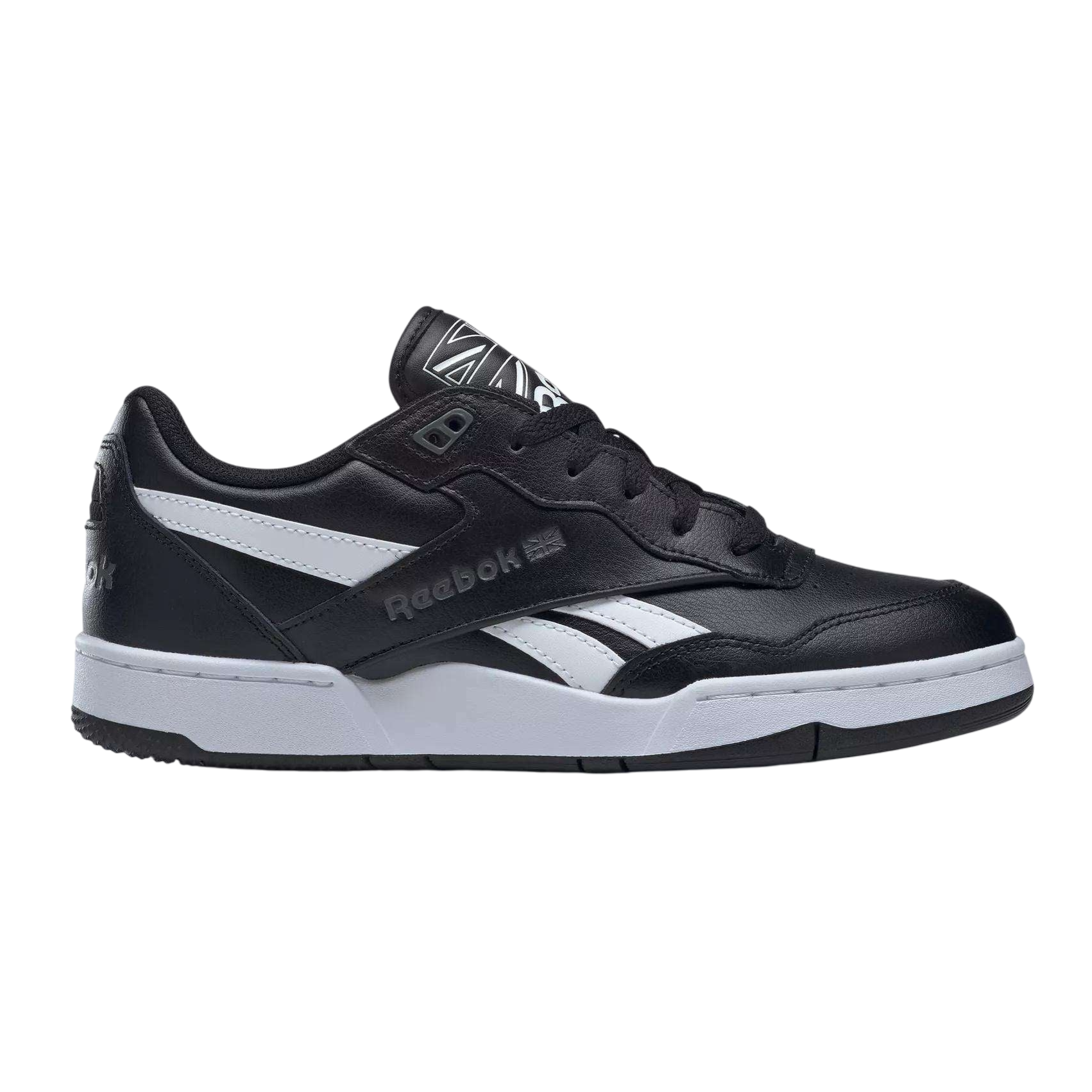 Black and white Reebok sneaker with a retro design and branded logo on the side.