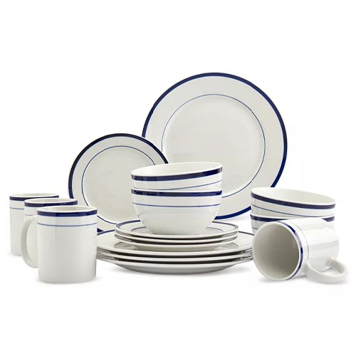 A 16-piece dinnerware set featuring a classic white design with blue stripes. The set includes mugs, bowls, and plates, suitable for table settings, offering a simple and elegant look for meals.