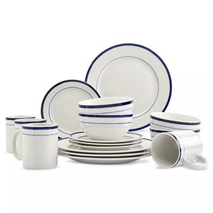 A 16-piece dinnerware set featuring a classic white design with blue stripes. The set includes mugs, bowls, and plates, suitable for table settings, offering a simple and elegant look for meals.