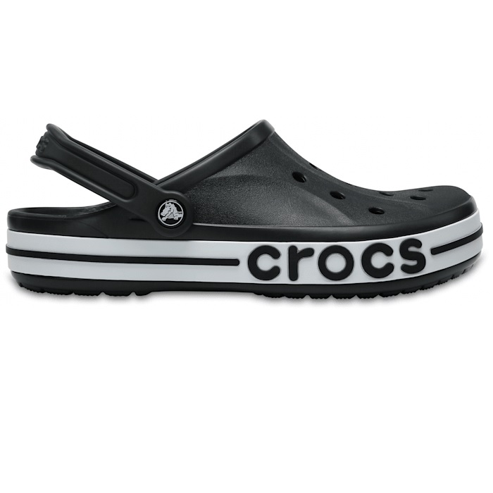 Black Crocs Bayaband Clogs featuring a white stripe on the sole, ventilation holes, and \“crocs\“ branding on the side, with an adjustable heel strap for secure fit.