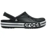 Black Crocs Bayaband Clogs featuring a white stripe on the sole, ventilation holes, and \“crocs\“ branding on the side, with an adjustable heel strap for secure fit.