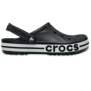 Black Crocs Bayaband Clogs featuring a white stripe on the sole, ventilation holes, and \“crocs\“ branding on the side, with an adjustable heel strap for secure fit.